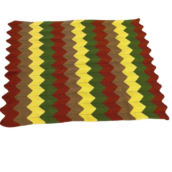 Crocheted Afghan Vintage Chevron Pattern 70's Yellow Orange Brown Green Homemade - Picture 3 of 6